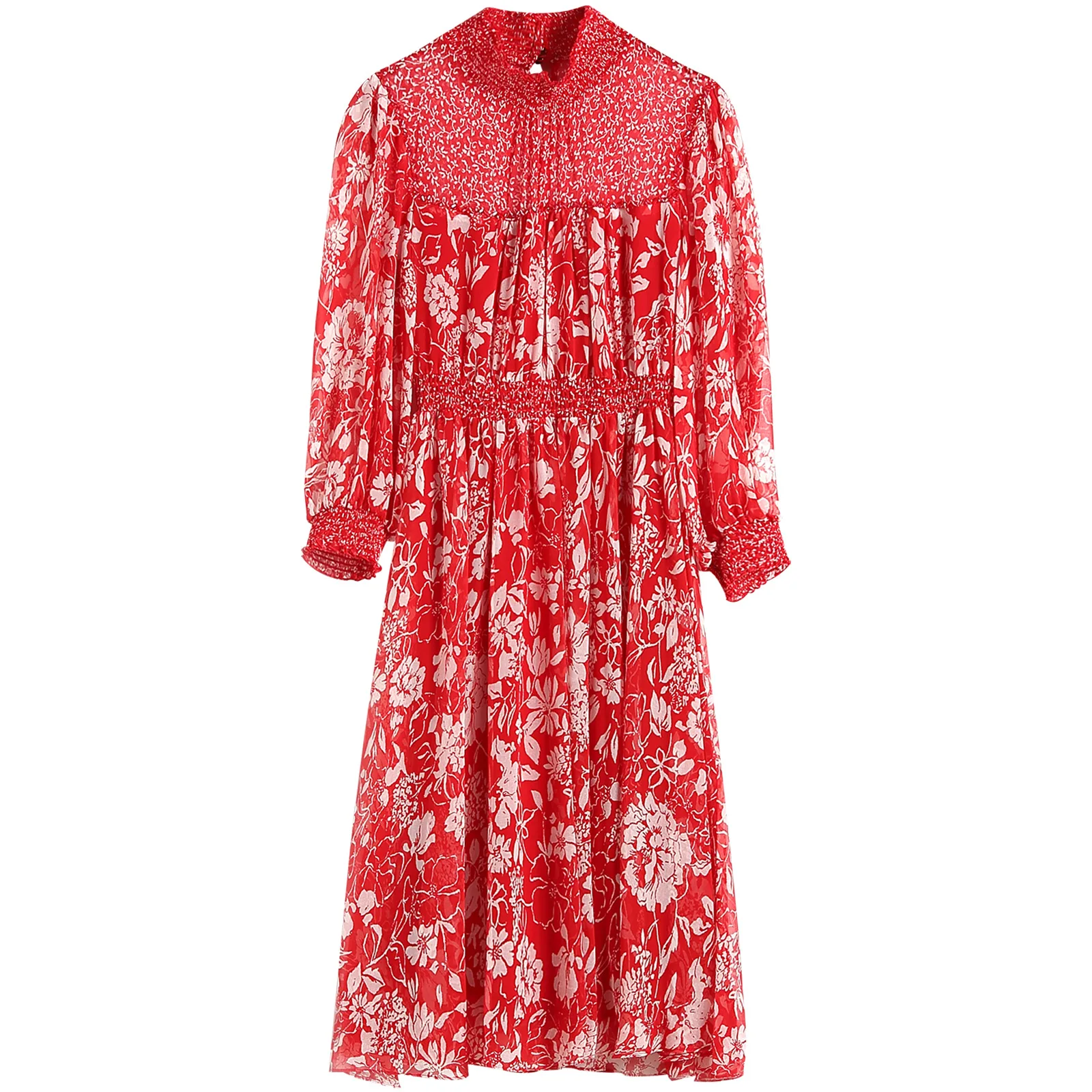 AOFULI Brand Summer Dress Plus size L- XXXL 4XL 5XL 2019 Women 3/4 Sleeve Stand Collar Red Floral Runway Elegant Chiffon Dresses | Женская