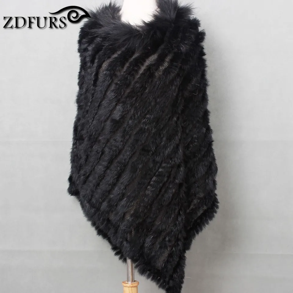 ZDFURS* Вязаное пончо с натуральным кроличьим мехом размера плюс, воротник из меха енота, модная уличная меховая отделка