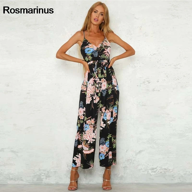 Цветочный комбинезон Бохо женский летний V без спинки Спагетти ремень Высокий