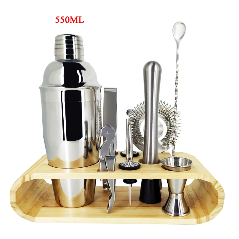 550ML With Rack IYouNice 11-Pieces Boston Bartending Kit Cocktail Shaker Set Shakers Stainless Steel Bar Tool Set with Stylish Wood Stand - Цвет: 550ML With Rack
