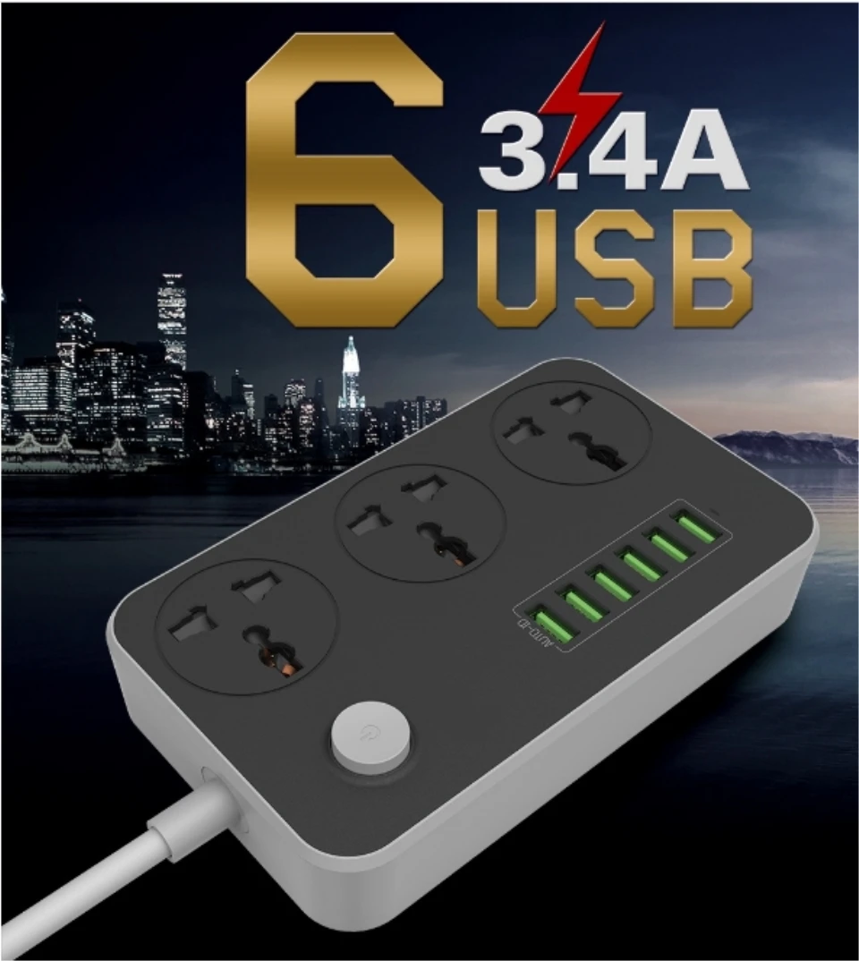 Блок питания с 3 гнездами и 6 портами usb универсальный EU AU US UK в вилке защита розетки от скачков напряжения зарядная станция 6.5ft шнур питания