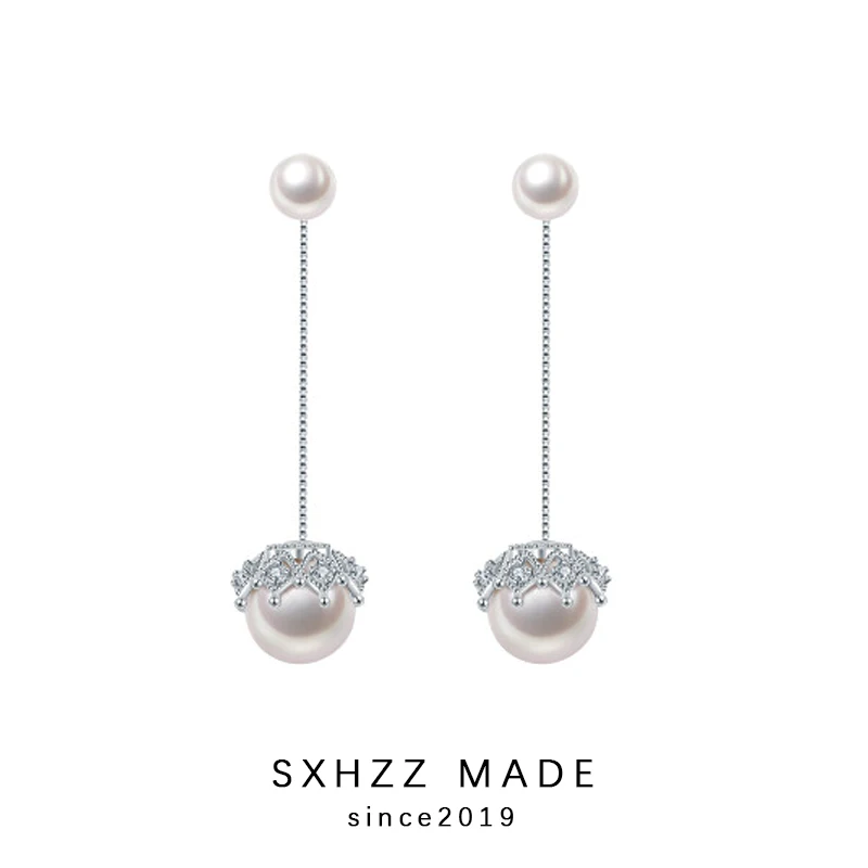 SXHZZ Stud Earrings 925 Silver Simple Tassel Round Detachable Pearl for Women Fashion High Quality Accessory Jewelry | Украшения и