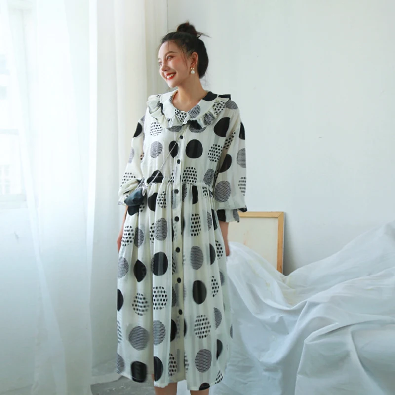 2019 New Peter Pan Collar Three Quarter Sleeves Polka Dots Printed Pullover Loose Long Dress Female Chiffon Vestido Z010 | Женская
