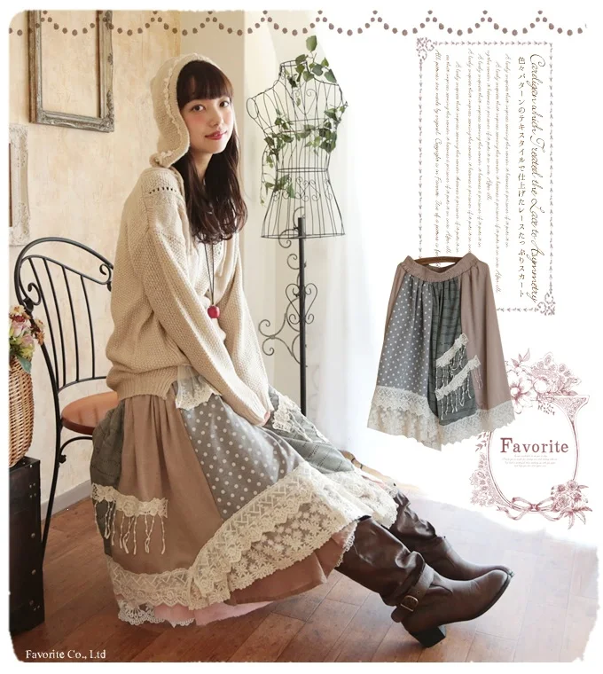 Японская винтажная клетчатая вязаная ретро юбка Mori Girl с цветочным принтом Saia Longa