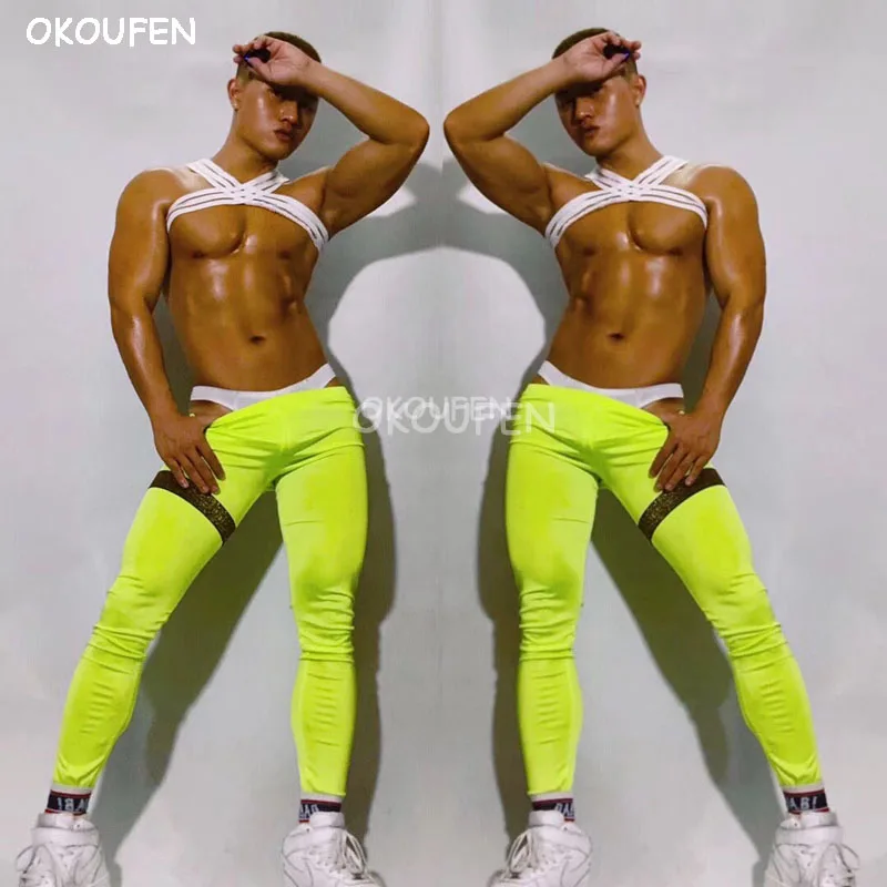 Fashion Sexy Men's fluorescent tights chest strap Costumes Nightclub bar singer dance team show stage performance clothing set |