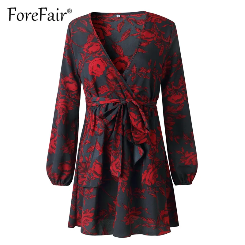 Forefair 2018 новое платье с принтом в стиле бохо женское осеннее мини длинным рукавом