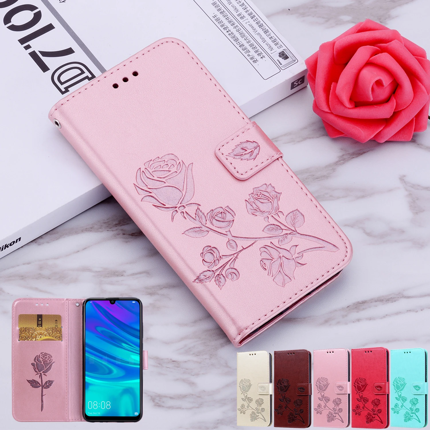 Чехол книжка Honor 10 Lite для etui Huawei P Smart 2019 чехол из тисненой кожи с розой