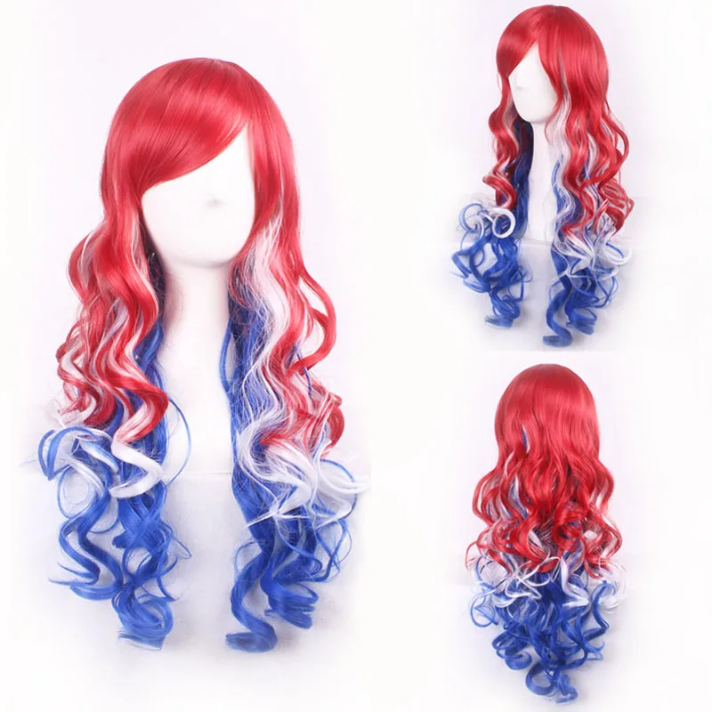 

Cheap Harajuku Lolita Red White Blue Ombre Synthetic Hair Long Wavy Cosplay Costume Wig Colorful Christmas Party Wigs For Women