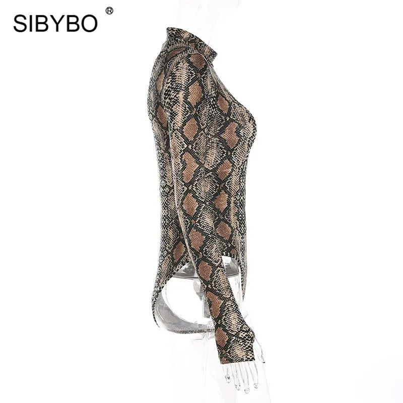 SIBYBO боди с принтом под змеиную кожу, женские Топы с длинным рукавом, осенне-зимние облегающие боди с высоким воротом, женские комбинезоны