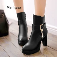 women classic high quality black pu leather high heel boots lady casual red side zipper autumn winter boots frauen stiefel g2321