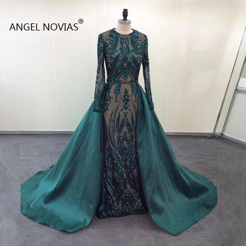Long Sleeves Real Photo Muslim Mermaid Lace Evening Dresses with Detachable Skirt Elegant Abendkleider robe de soiree