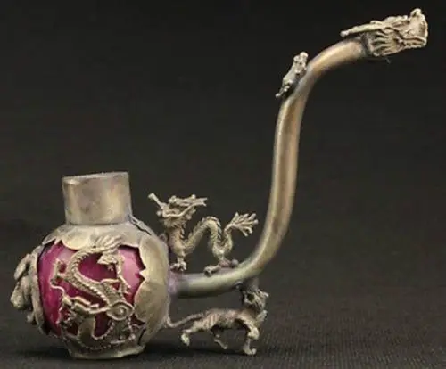 

Exquisite Chinese Collectible Decorated Old Handwork Red Jade & Tibetan Silver Dragon Smoking Pipe