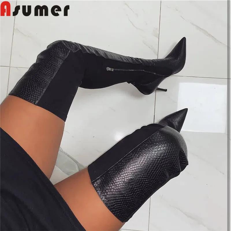 Asumer/черные модные осенне зимние сапоги с заостренным носком на молнии очень