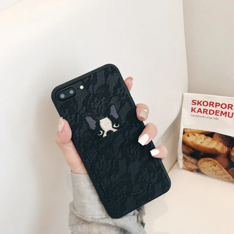 Милый мультяшный Карманный чехол с собакой для iphone X, 6, 6 S, 7, 8, 6 plus, 7 plus, 6s plus, 8 plus, Tpu, кружевной вышитый кожаный чехол для телефона(розовый/черный