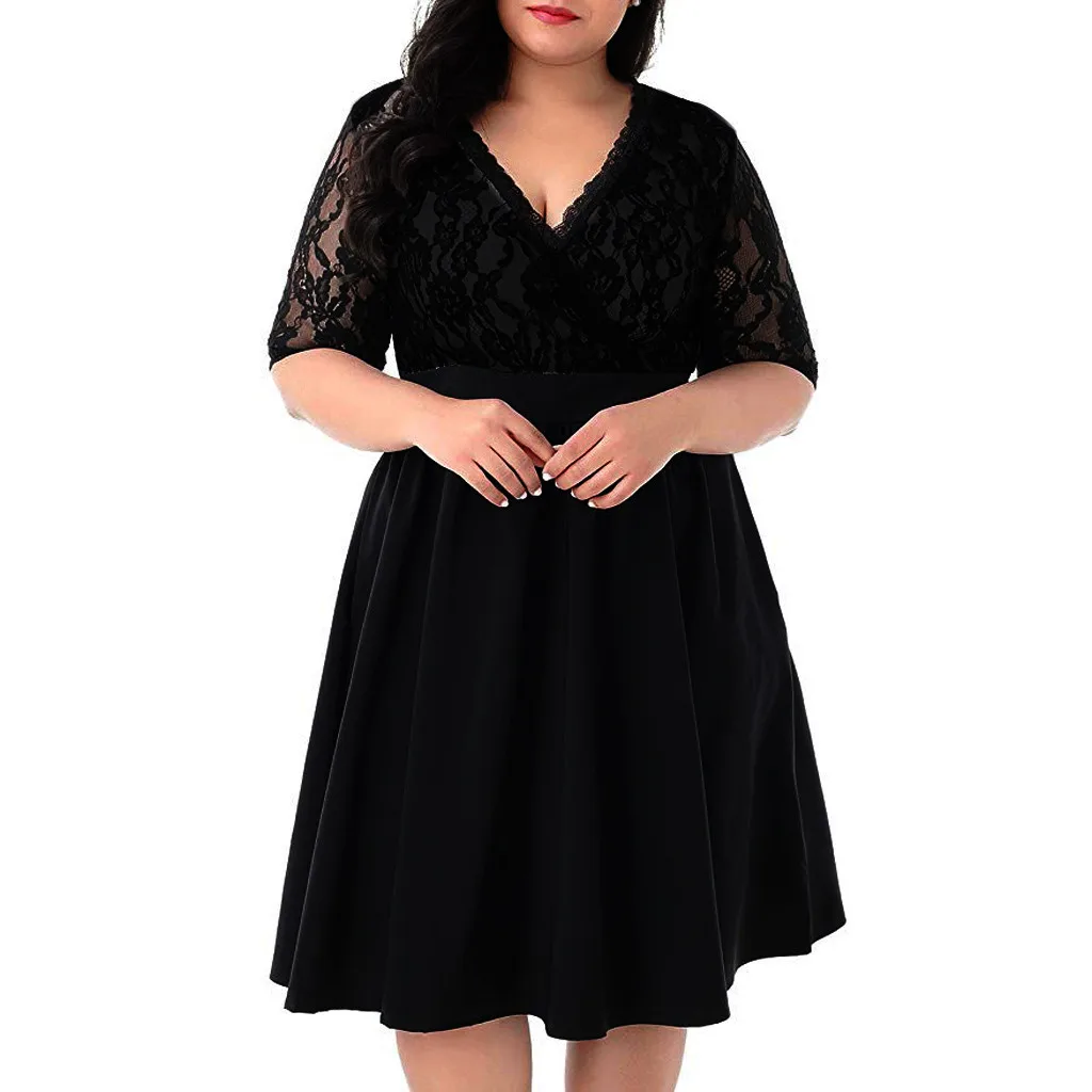 

Women's Large Size V-neck Short-sleeved Daily Dress Sexy Lace Fight Waist Simple Comfortable Regular Empire Dress