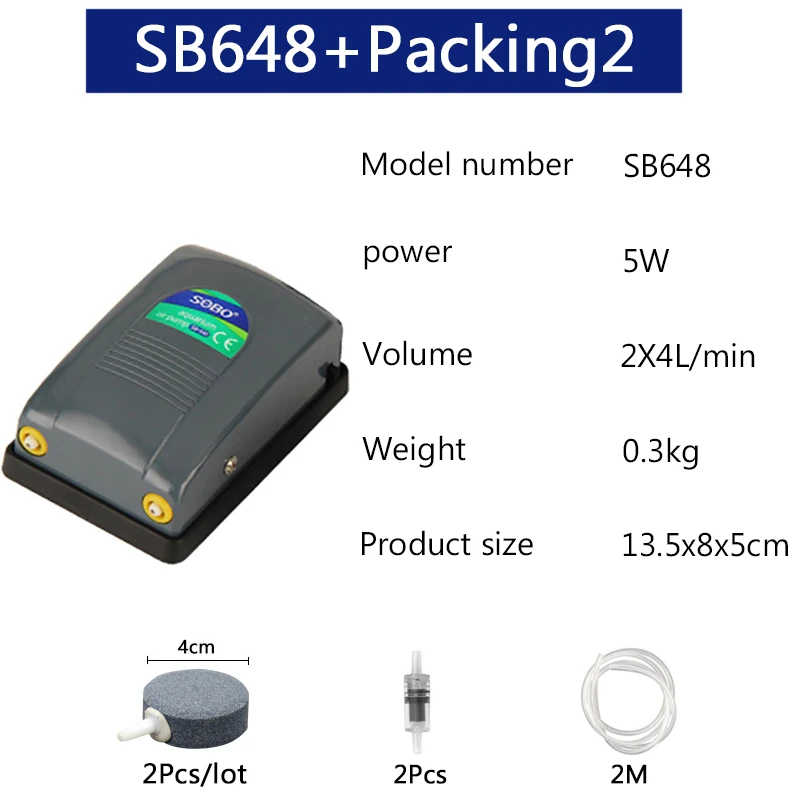 SB648 Packing2 Аквариум собо воздушный насос воздушный компрессор для аквариума тихий воздушный контроль аквариумные рыбки аксессуары двойной/один выход - Цвет: SB648 Packing2