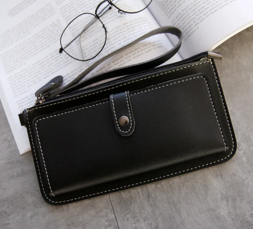 BLACK Женские кошельки на молнии, кошельки из искусственной кожи, Длинные кошельки для девушек, девушек, денег, монет, Карманный держатель для карт, женские кошельки, клатчи - Цвет: BLACK
