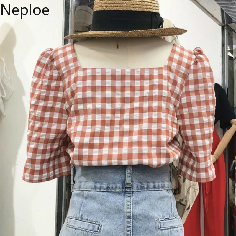Neploe клетчатая женская блуза с оборками Лето 2019 новый квадратный воротник пышными