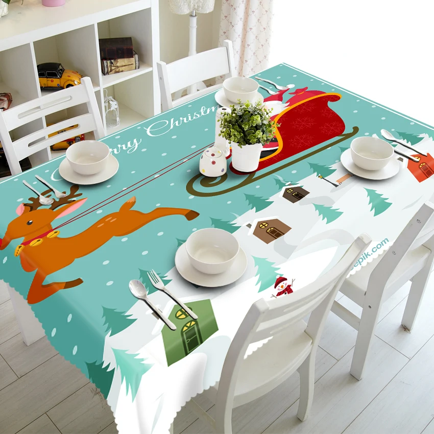 Christmas New Year 3D Round Tablecloth Sleighing Santa Claus Pattern Dustproof Thicken Polyester Cotton Rectangular Table Cloth | Дом и сад