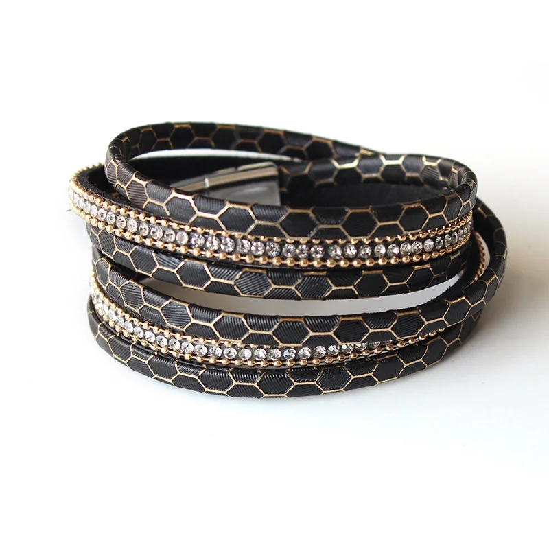 

Trendy Honeycomb Leather Bracelets With Crystal 2pcs/lot Magnet Buckle Bangle Free Shipping