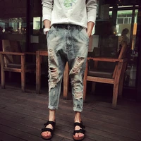 mens clothing casual pants hanging crotch water wash hole pants jeans