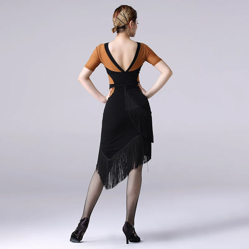 Latin Dance Dress Adult Female Sexy V-Neck Fringed Short Sleeve Dresses For Women'S Ballroom Samba Practice Dance Clothes DL3988