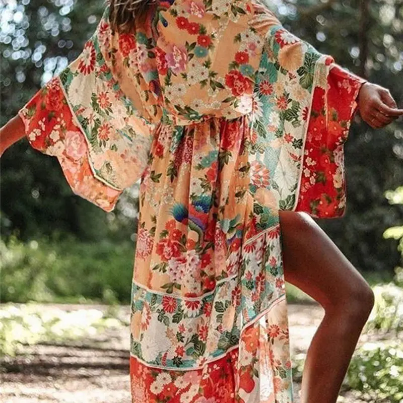 NODELAY 2019 Summer Flower print Bikini Cover Up Loose Beach Dress Women Pareo Long Chiffon Cardigan Kaftan Robe de Plage |