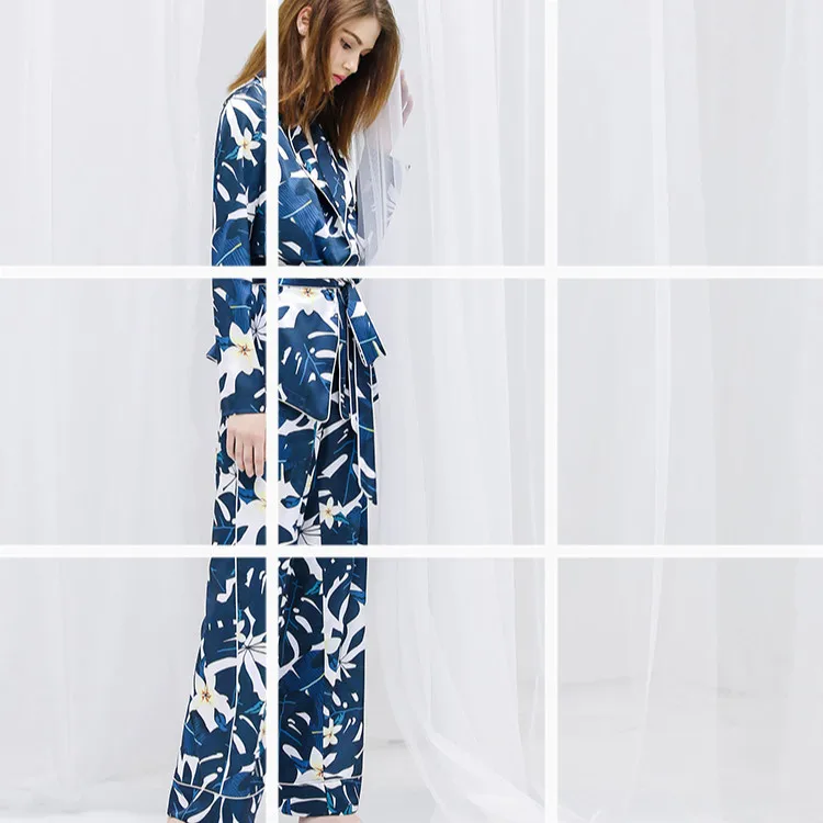 Новинка весны 2018 женская шелковая пижама костюм с длинными рукавами