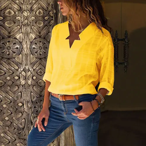 Fashion Womens Star V-Neck Blouse Tops 2018 New Casual Ladies Long Sleeve Loose Solid Color Shirt S-XL | Женская одежда