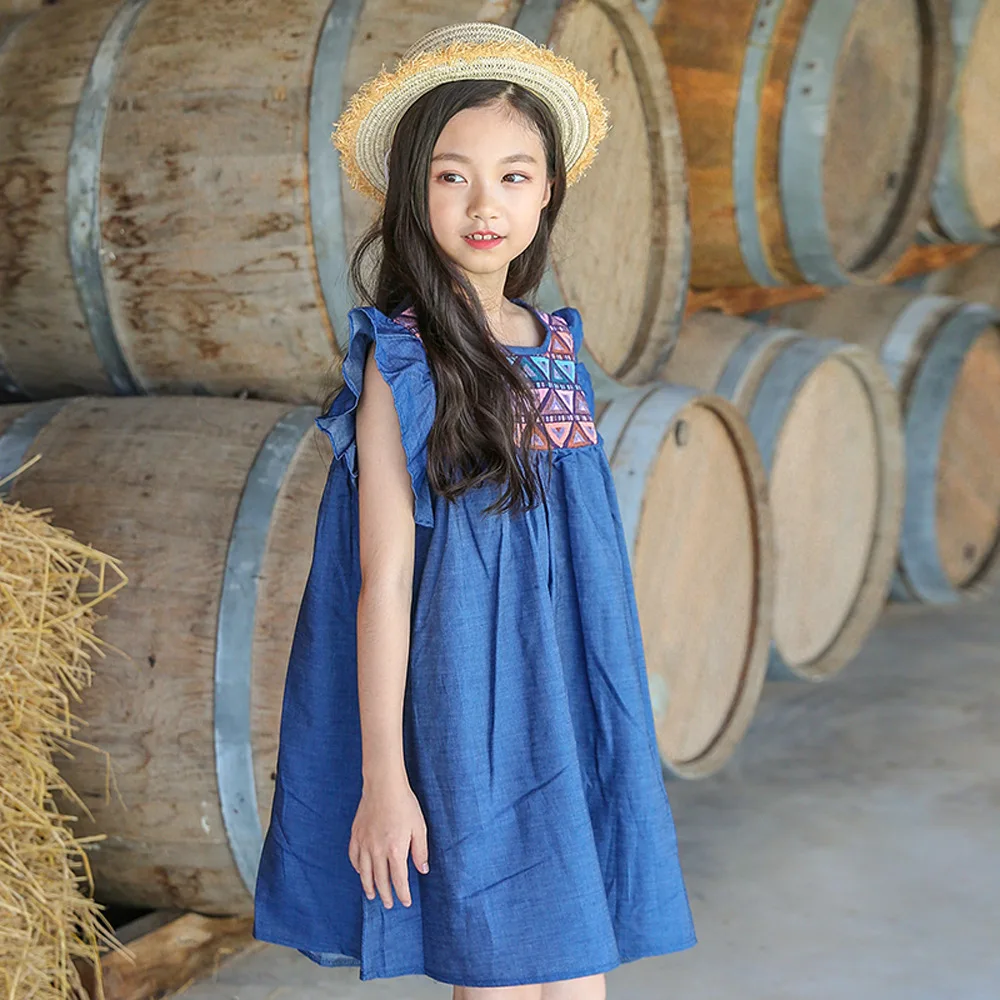 Girls Summer Dresses 2018 Cotton Denim Dress for Little Girl Toddler Size 4 5 6 8 10 12 years | Детская одежда и обувь