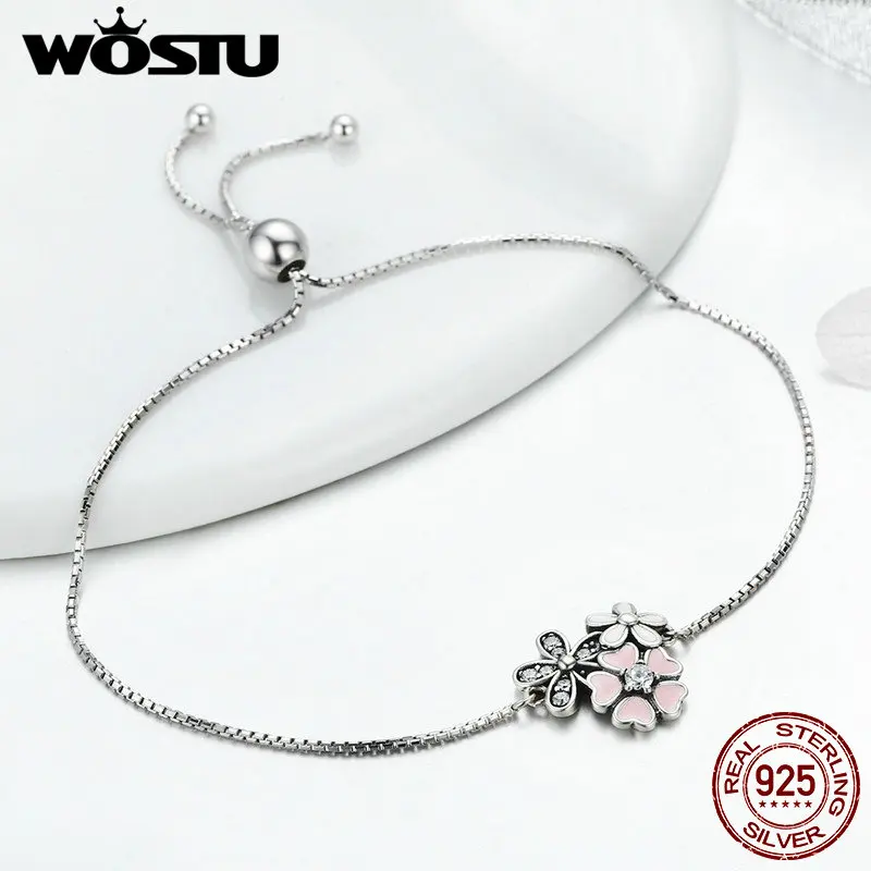 WOSTU, весна, новинка, 925 пробы, серебро, вишня, цветок ромашки, цепочка, звено, женский браслет, Стерлинговое Серебро, ювелирное изделие, подарок, CQB055