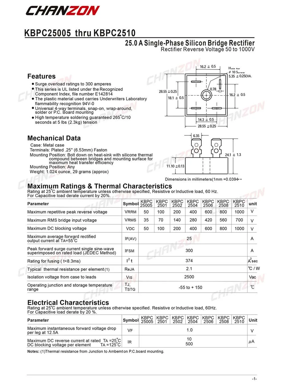 2 шт. KBPC2510 мостовой выпрямитель диод 25A 1000 V kpr 2510 однофазный полная волна 25 ампер