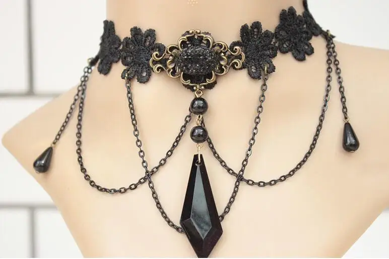 Черный кружевной чокер Ромашка с крупными бусинами|lace choker|daisy chokerblack lace choker |