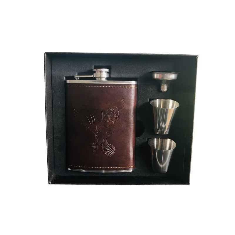 set Горячая Распродажа, Мини фляжка для водки, 8 унций, не содержит бисфенол, 304, нержавеющая сталь, виски, москвичка, спирт, кувшин с полиуретановой кожей, упаковка, Подарочная коробка, набор - Цвет: set