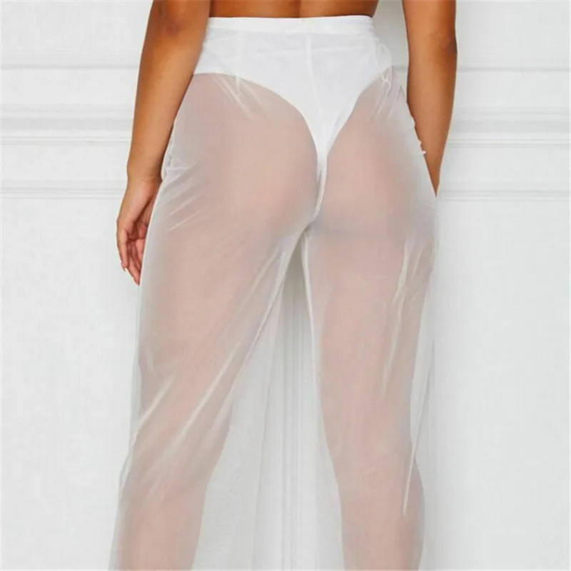 Новые пикантные Женские однотонные пляжные сетчатые прозрачные длинные брюки с