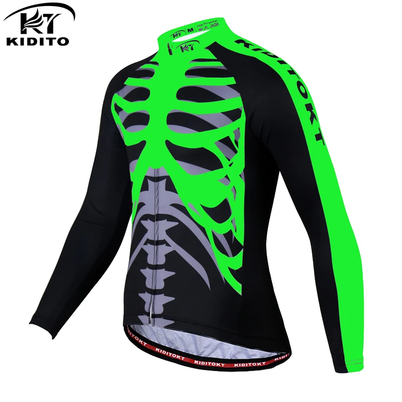 Green Jersey KIDITOKT длинный рукав зима Велоспорт Джерси мужская теплая горная велосипедная мука зеленая велосипедная одежда гоночная велосипедная одежда - Color: Green Jersey