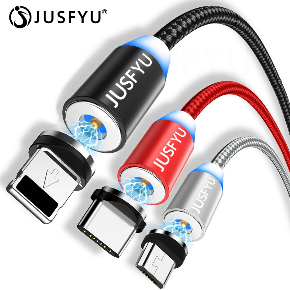 Jusfyu Магнитный кабель 1 м светодиодный Тип C Магнит Micro USB Зарядное устройство кабель для samsung S10 iPhone X XS Max XR 7 8 6 мобильный телефон кабель с разъемом usb-c
