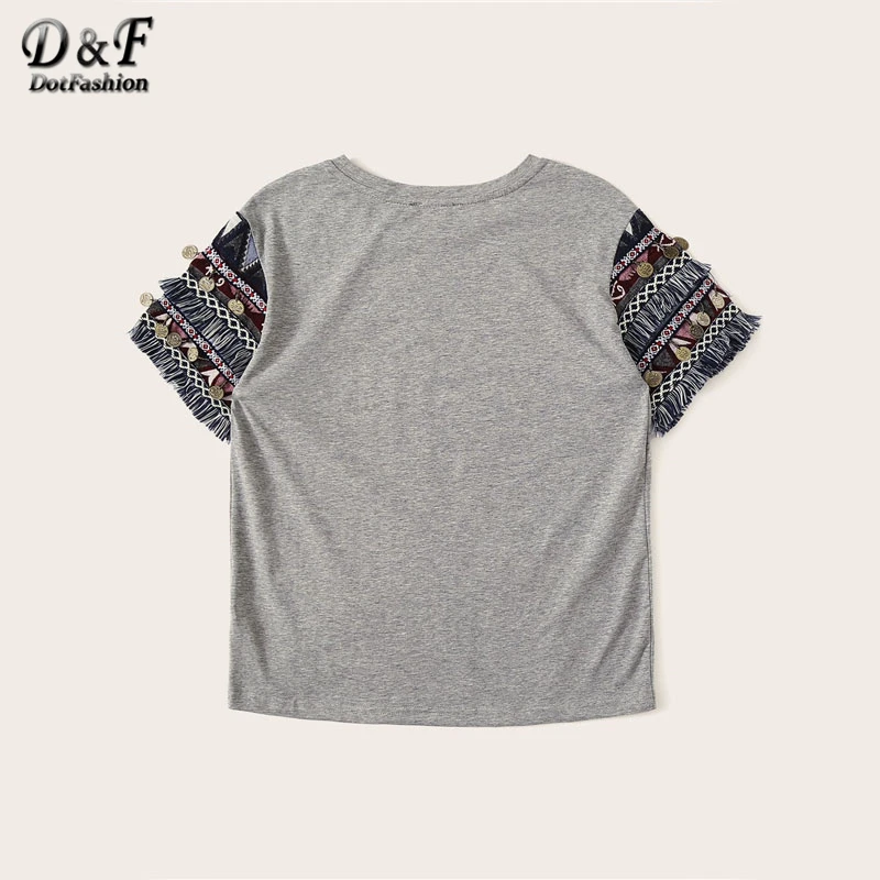 Dotfashion ацтекская серая футболка с бахромой, женская футболка, летние топы в стиле бохо с коротким рукавом, женская одежда, корейская модная футболка