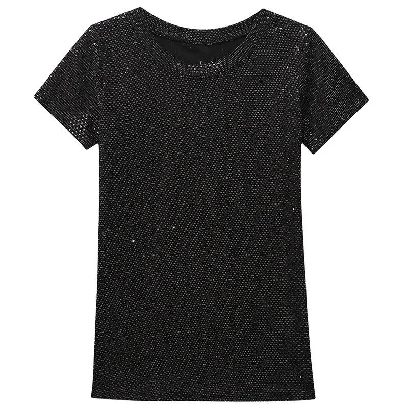 

European Fashion New Sequins Short Sleeve O-Neck Womens T-Shirts Summer Slim Fit Club Wear Pullover Female Tees Top Plus Size