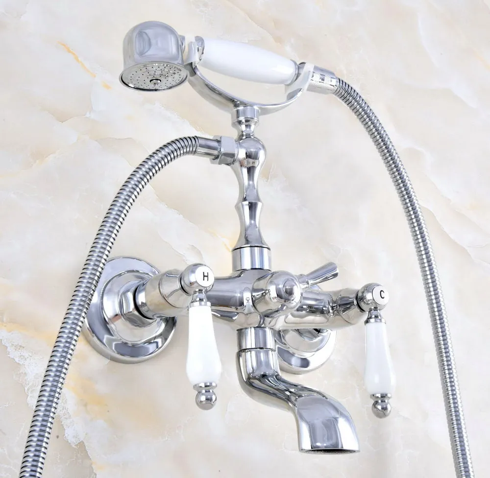 Polished Chrome Brass Double Ceramic Handles Wall Mounted Bathroom Clawfoot Bathtub Tub Faucet Mixer Tap w/Hand Shower atf875 |