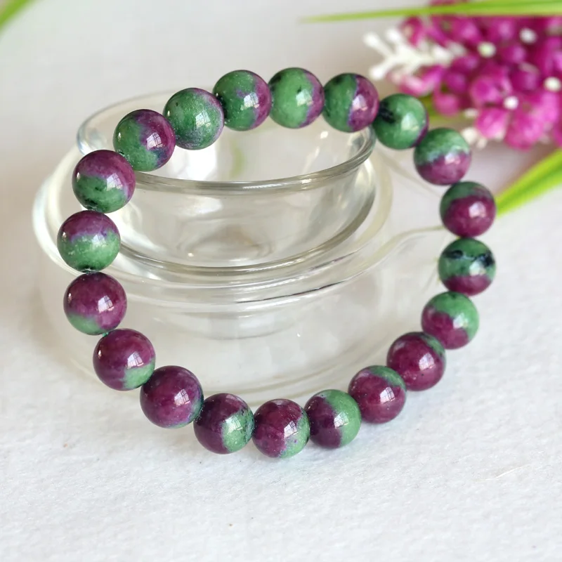 

High Quality Natural Genuine Half Red and Green Ruby Zoisite Finished Stretch Bracelet Round Loose beads Jewelry DIY