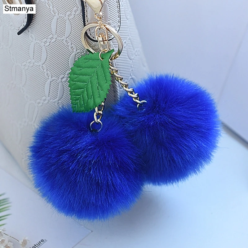 

Imitation fox hair Keychain double Faux Fur Pompom Key Chain Cherry Pendants Car Key Ring new Lovely Bag Charm Accessories K1676