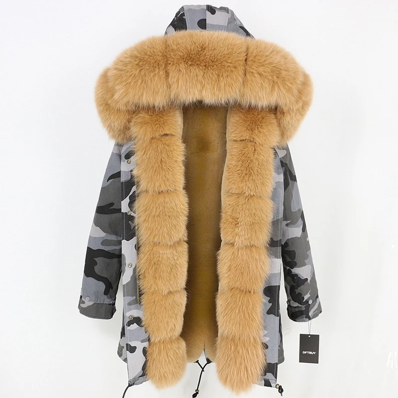 grey camo camel Зимняя женская куртка на каждый день шуба из натурального Лисьего меха длинная парка с капюшоном из натурального Лисьего меха брендовая парка Толстая теплая уличная одежда со съемным капюшоном - Цвет: grey camo camel