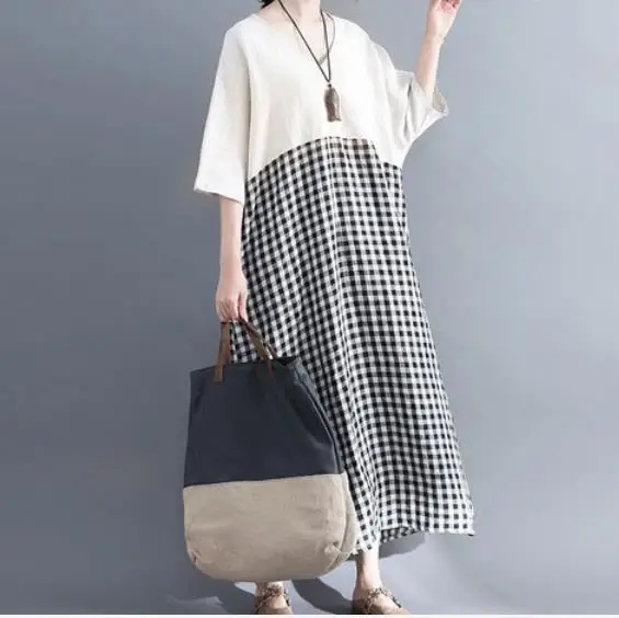 Женское клетчатое платье с карманами винтажное v-образным вырезом и рукавами