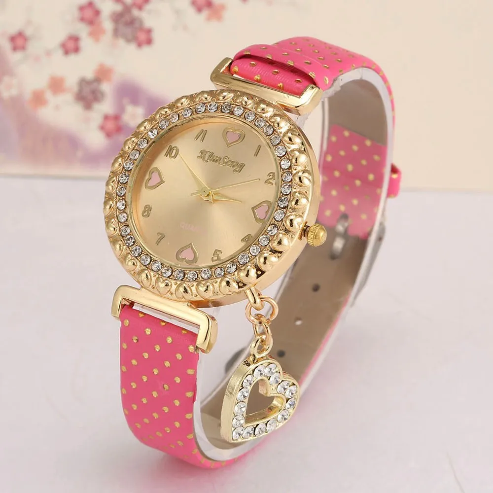 Женские золотые часы с сердечком и браслетом кожаные кварцевые наручные