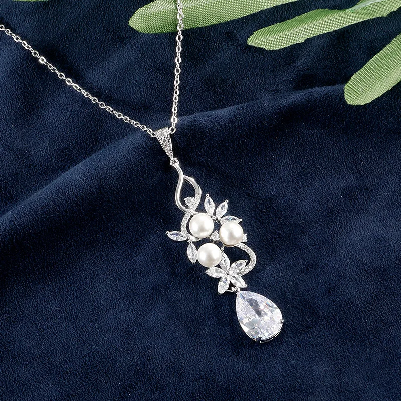 

Elegant Romantic Flower Pearl Tear Drop Pendant Necklace High Quality Cubic Zircon For Women Wedding Party Dress Jewelry