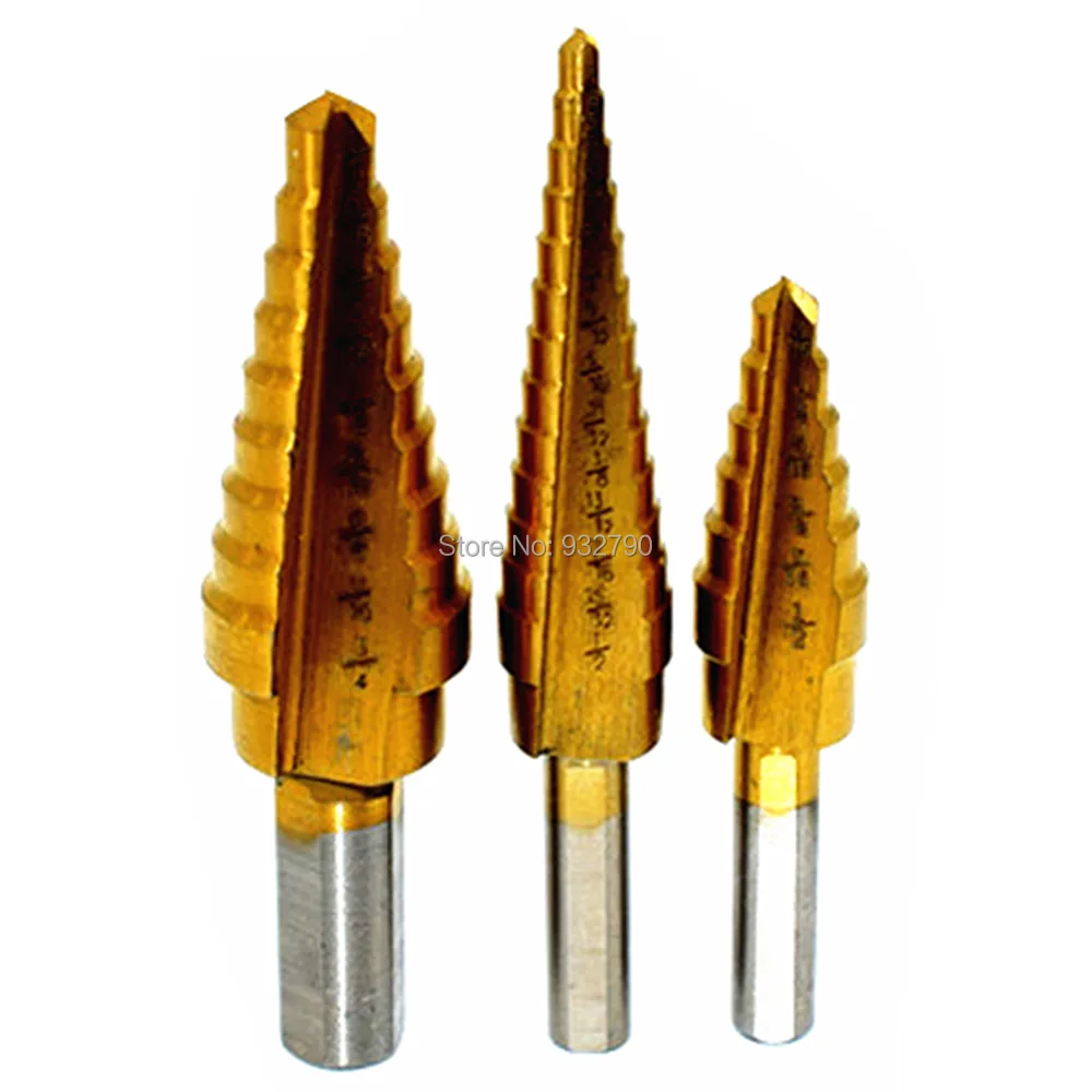 3pc Cone Step Drill Titanium Sae Hss Steel Brass Wood Plastic Copper Fibreglass PVC Hole Drilling 3/16-1/2 1/8-1/2 1/4-3/4