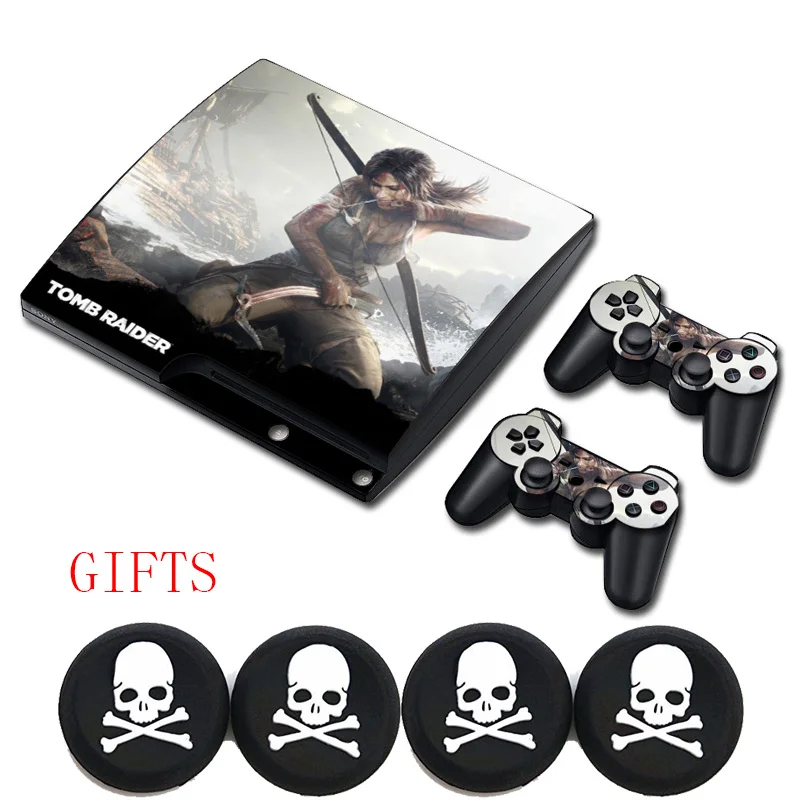 Tomb Raider Лара винил Стикеры этикета и 4x силиконовые Стик Череп шапки для Sony doulshock 3