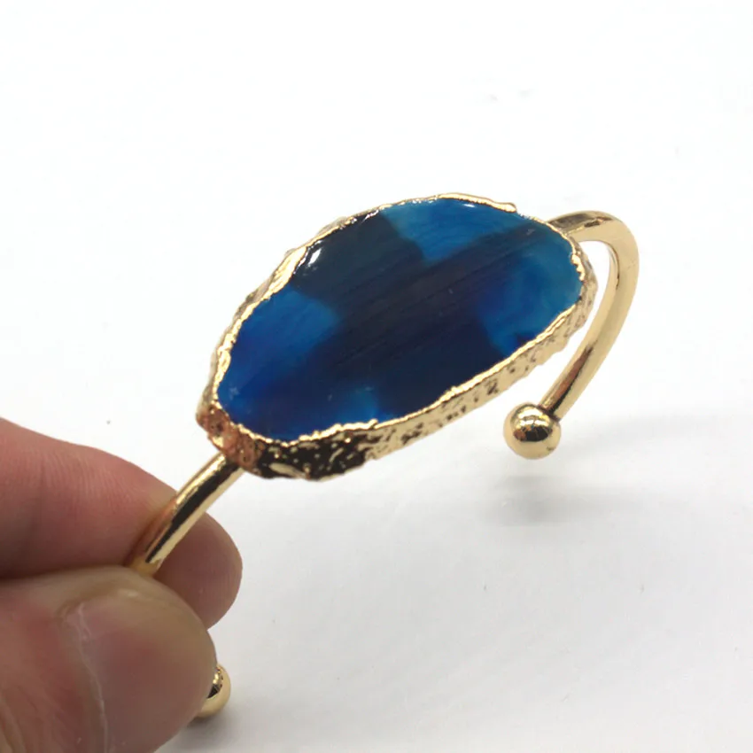 

100-Unique 1 Pcs Light Yellow Gold Color Irregular Shape Agates Dyed Blue Bangle Personalized Jewelry