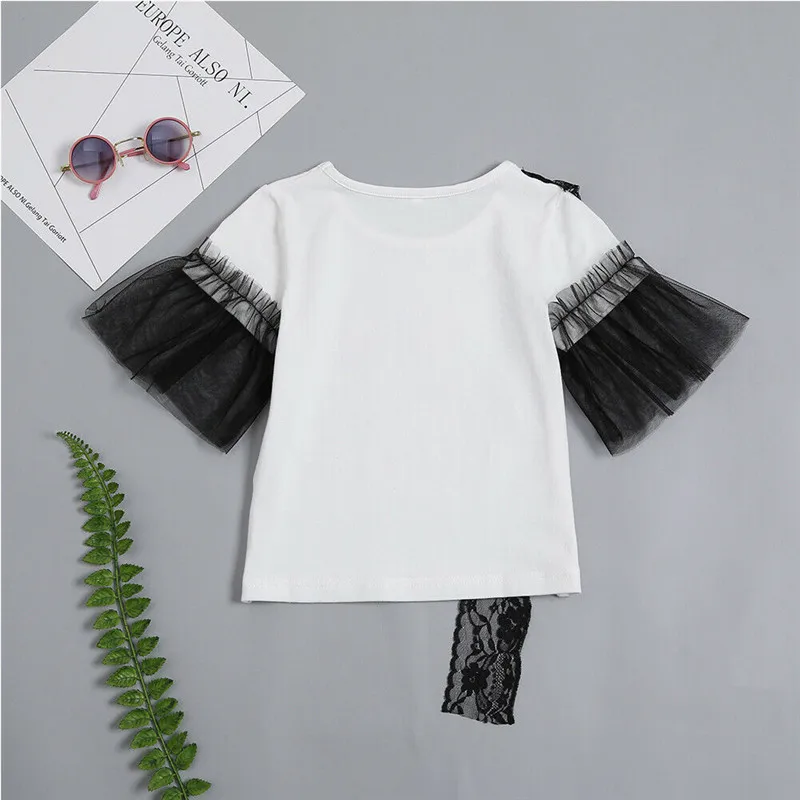 Модная летняя одежда для маленьких девочек Черная Кружевная футболка с